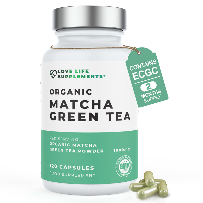 Bottle of Love Life Supplements Organic Matcha Green Tea capsules with a tag indicating a 2-month supply.