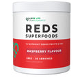 Supplement container labeled 'REDS Superfoods' with raspberry flavor on a white background