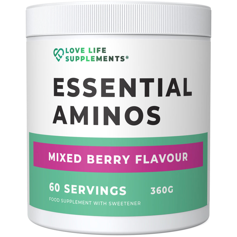 Supplement container labeled 'Essential Amino Acids Powder' with 'Love Life Supplements' branding on a white background.