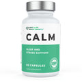 Supplement bottle labeled 'CALM' for sleep and stress support on a white background