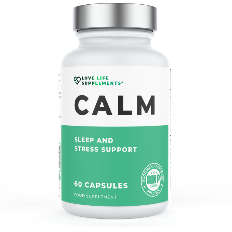 Supplement bottle labeled 'CALM' for sleep and stress support on a white background