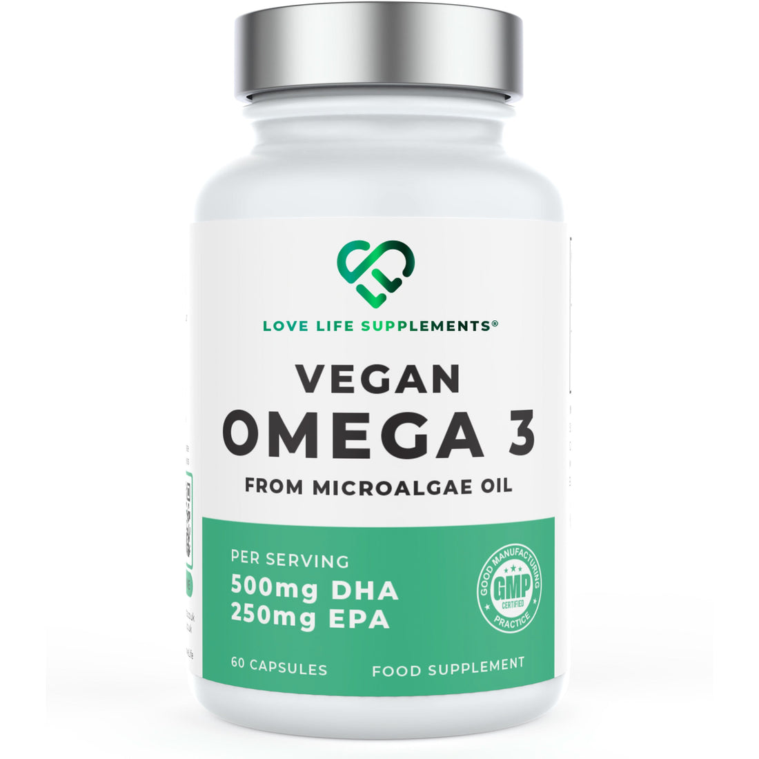 Vegan Omega 3 supplement bottle with Love Life Supplements branding on a white background