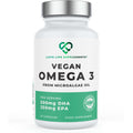 Vegan Omega 3 supplement bottle with Love Life Supplements branding on a white background