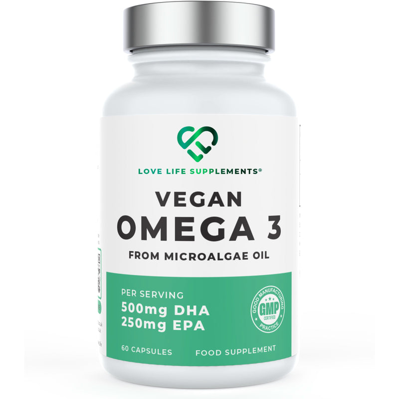 Vegan Omega 3 supplement bottle with Love Life Supplements branding on a white background