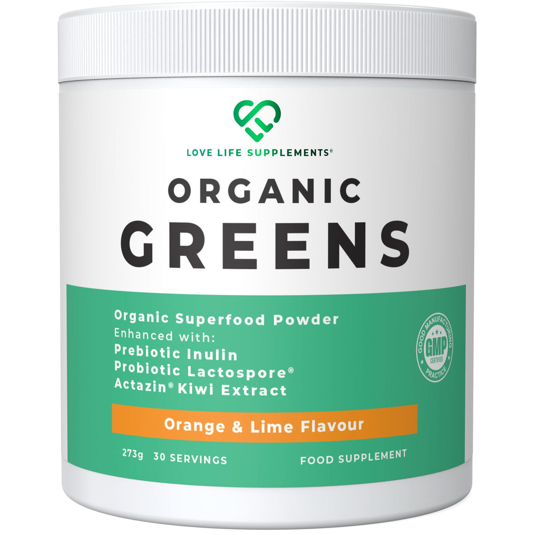 Container of Love Life Supplements Organic Greens powder on a white background