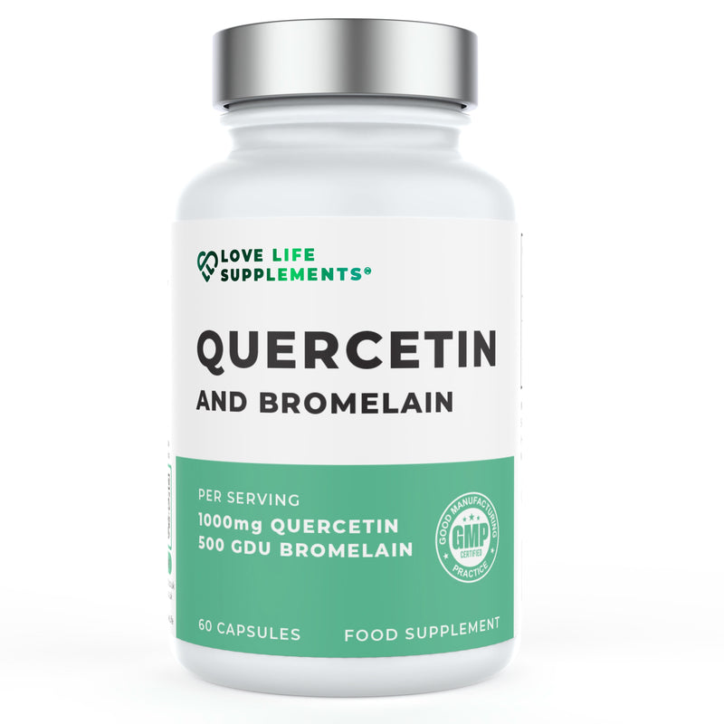 Supplement bottle labeled 'Quercetin and Bromelain' by Love Life Supplements on a white background.