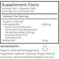 Supplement facts label with KSM-66 Ashwagandha and BioPerine on a white background