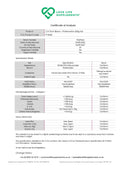 Certificate of Analysis for Love Life Supplements essential amino acids drink product, showing details like product code, batch number, and specifications.