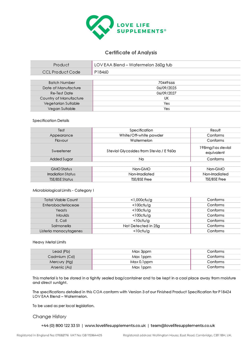 Certificate of Analysis for Love Life Supplements essential amino acids drink product, showing details like product code, batch number, and specifications.