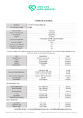 Certificate of Analysis for LOVE LIFE Supplements MCT Powder, showing product details and analytical results.