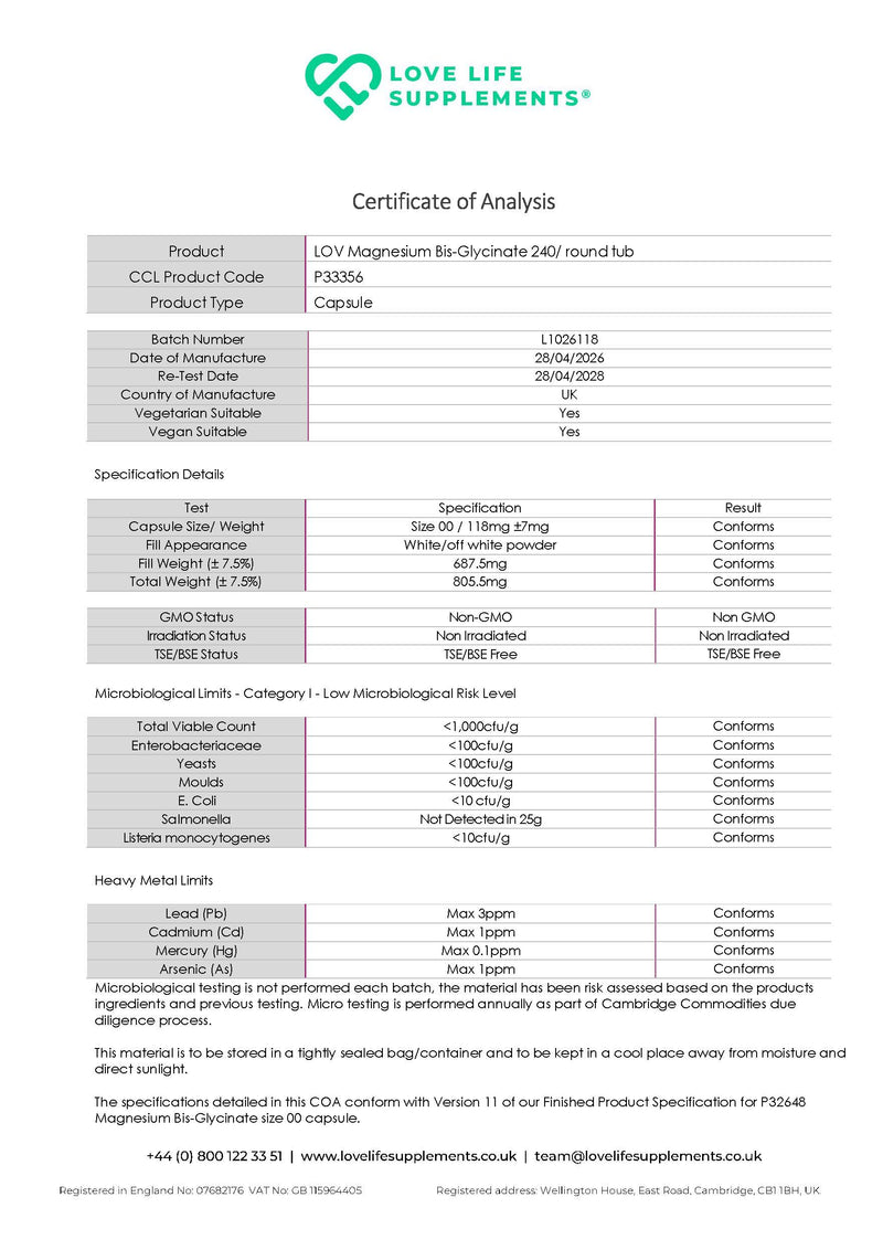 Certificate of Analysis for Love Life Supplements Magnesium Bisglycinate, batch L1026118
