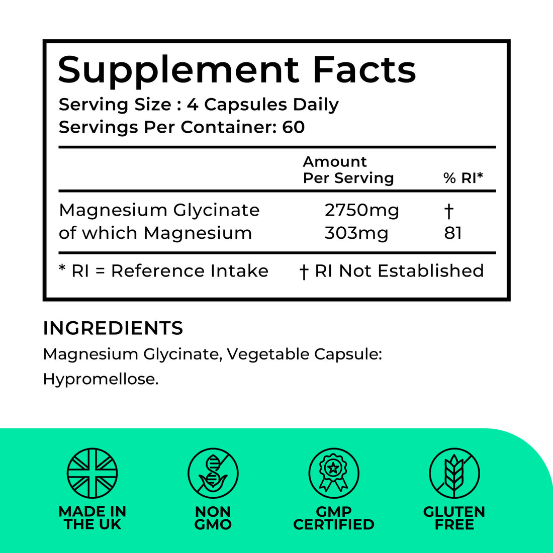 Supplement facts label with magnesium content and certification icons on a white background