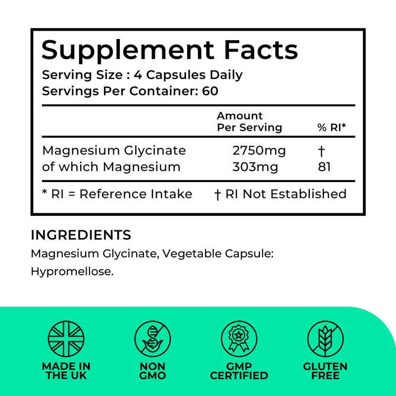 Supplement facts label with magnesium content and certification icons on a white background