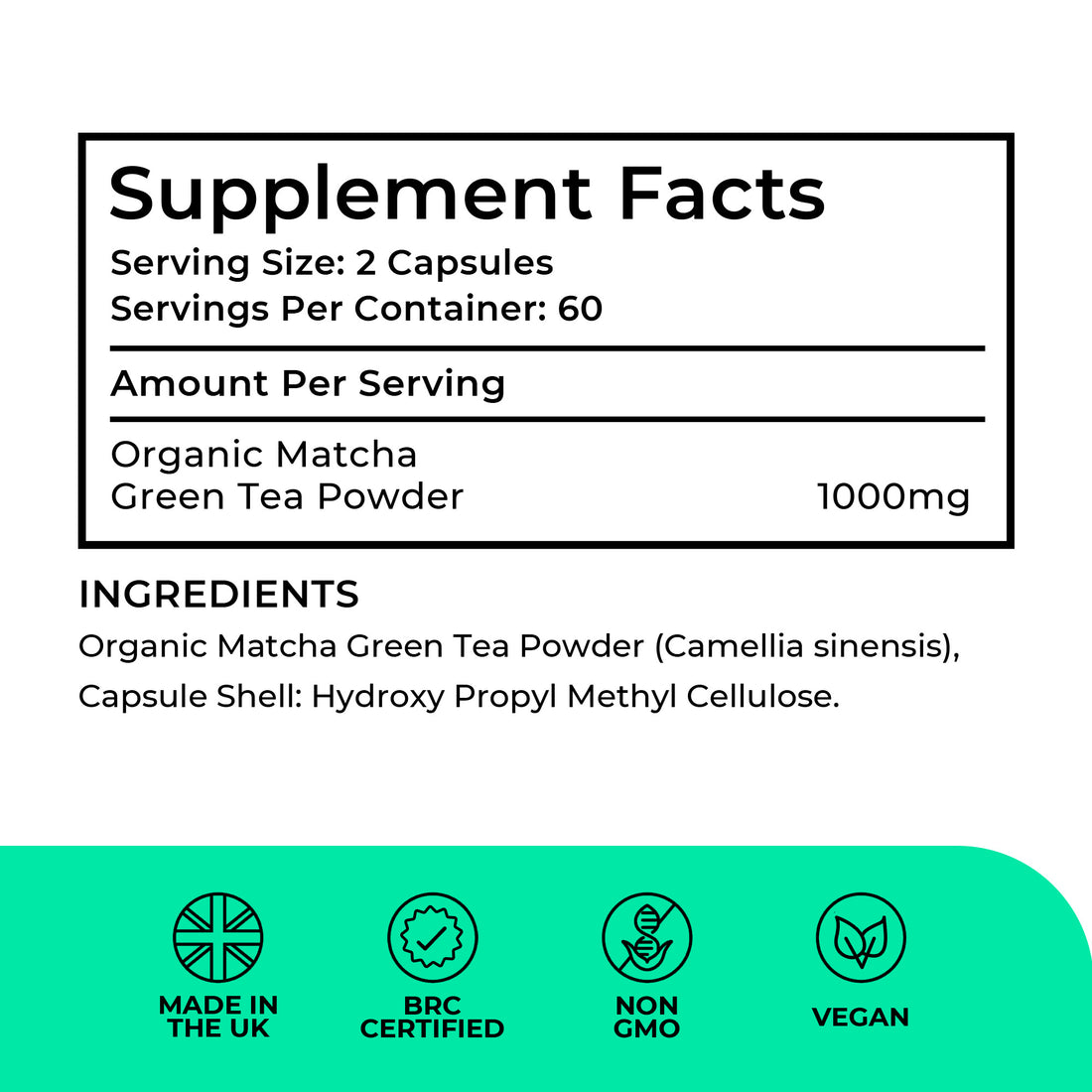 Supplement facts label for organic matcha green tea powder capsules with certification icons at the bottom.