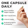 MultiSpore probiotics Hand holding a capsule with product features listed on a white background