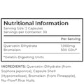 Nutritional information and ingredient list for a supplement with Quercetin Dihydrate and Bromelain.