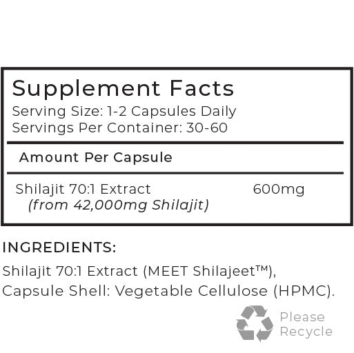 Supplement label with Shilajit 70:1 Extract and recycling symbol on a white background