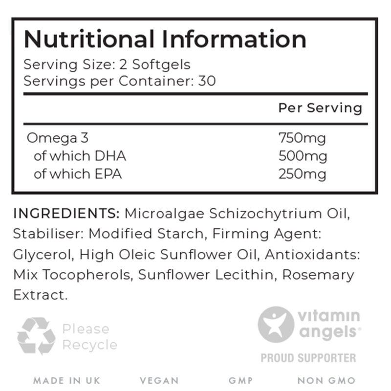 Nutritional information label for a product with Omega 3 content and ingredients listed.