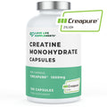 Supplement bottle labeled 'Creatine Monohydrate Capsules' with Creapure branding on a white background