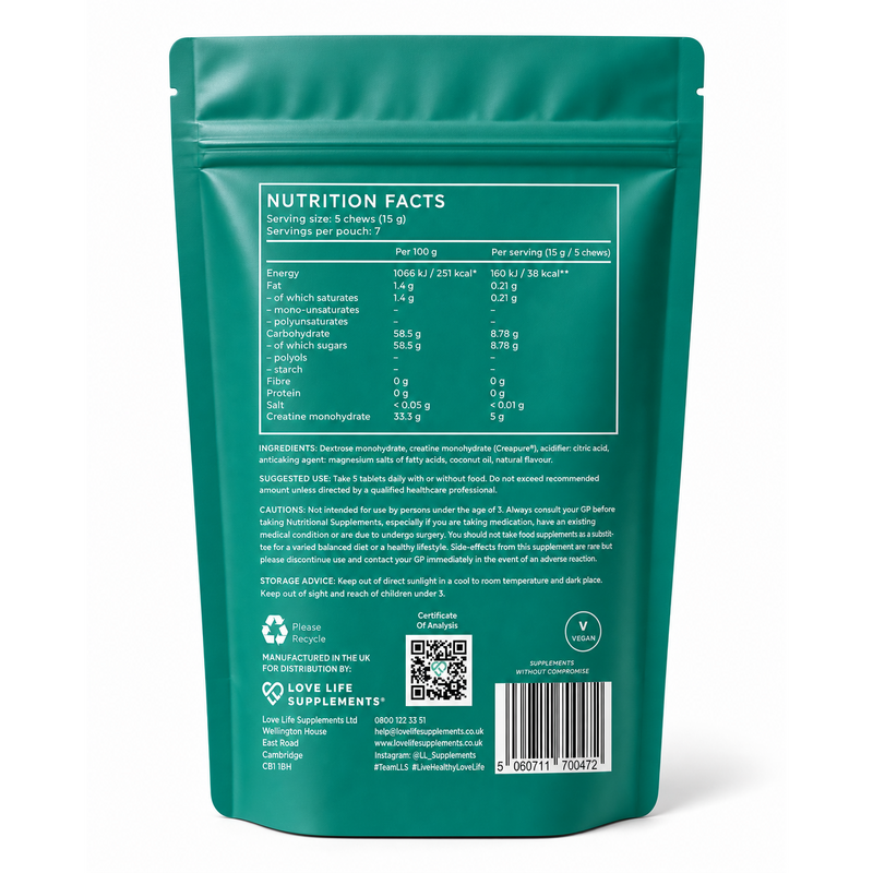 Creatine Chews 35 Tablets - Nutrition Facts and Ingredients - Back of Pack