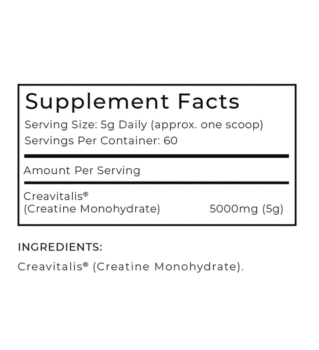 Supplement facts label for a product containing Creavitalis (Creatine Monohydrate) on a white background.