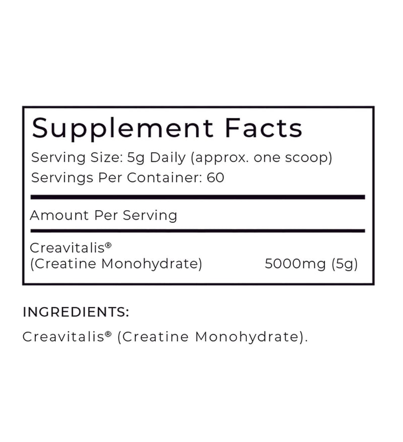 Supplement facts label for a product containing Creavitalis (Creatine Monohydrate) on a white background.