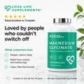 Love Life Supplements Magnesium Glycinate rated Excellent on Trustpilot, customers report deeper calmer sleep, relief from cramps and restless legs, and a clean filler free formula