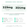 Independent Eurofins lab test results for Magnesium Seven batch 58449615: 354mg total elemental magnesium measured per 4-capsule serving against the 329mg label claim, full microbiology panel clear including salmonella not detected