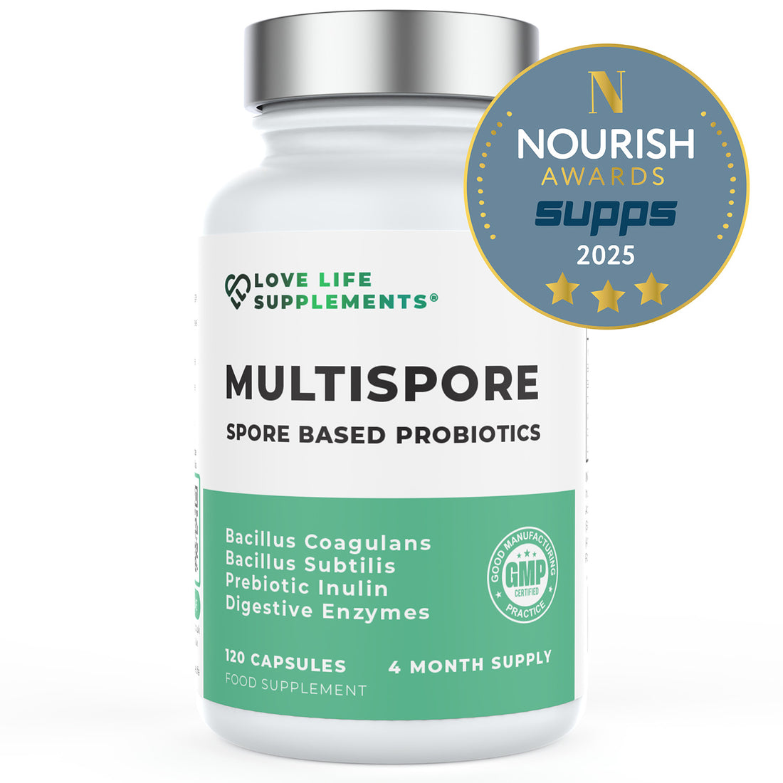 Multispore probiotics supplement bottle with &
