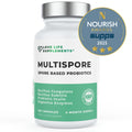 Multispore probiotics supplement bottle with 'Nourish Awards Supps' badge on a white background