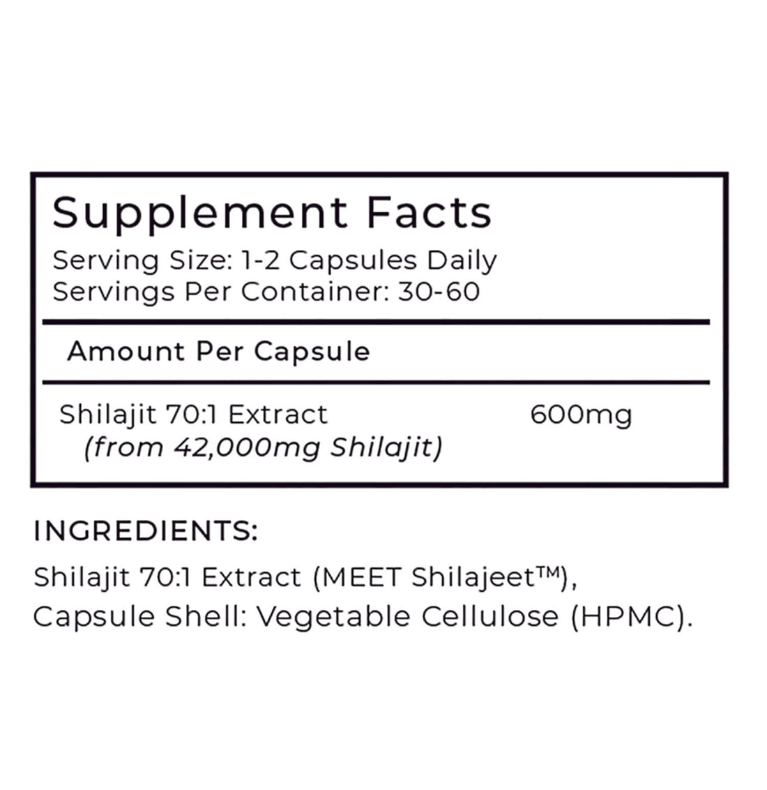 Supplement facts label for a Shilajit product on a white background