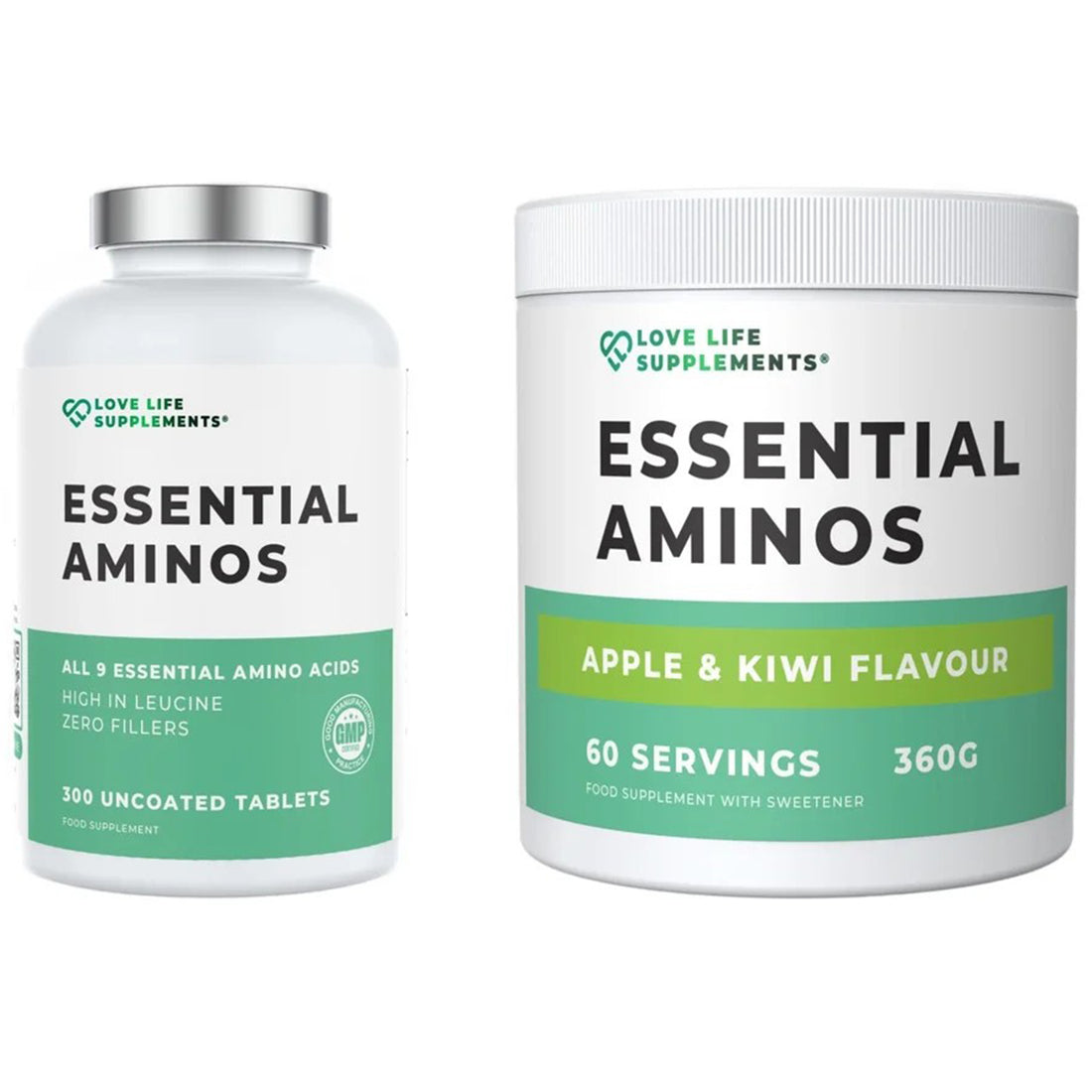 Two containers of Love Life Supplements Essential Aminos on a white background