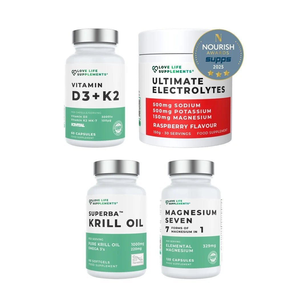 electrolytes, vitamin D3, krill oil, magnesium Four supplement bottles on a white background