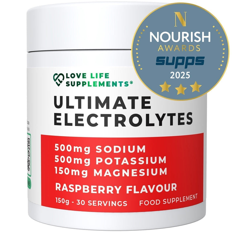 Supplement container labeled 'Ultimate Electrolytes' with nutritional information and a Nourish Awards badge.