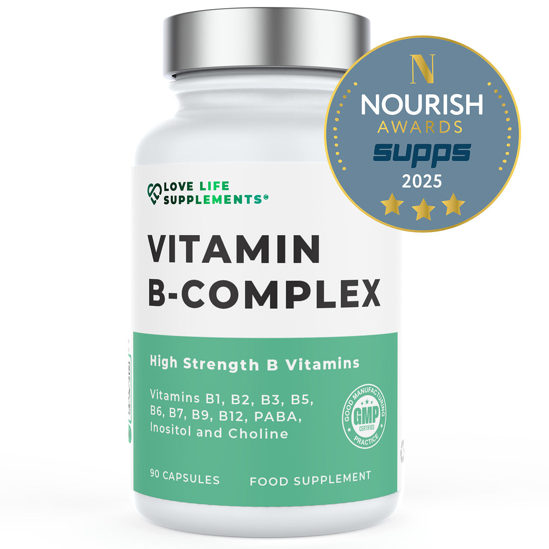 Vitamin B-complex supplement bottle with &